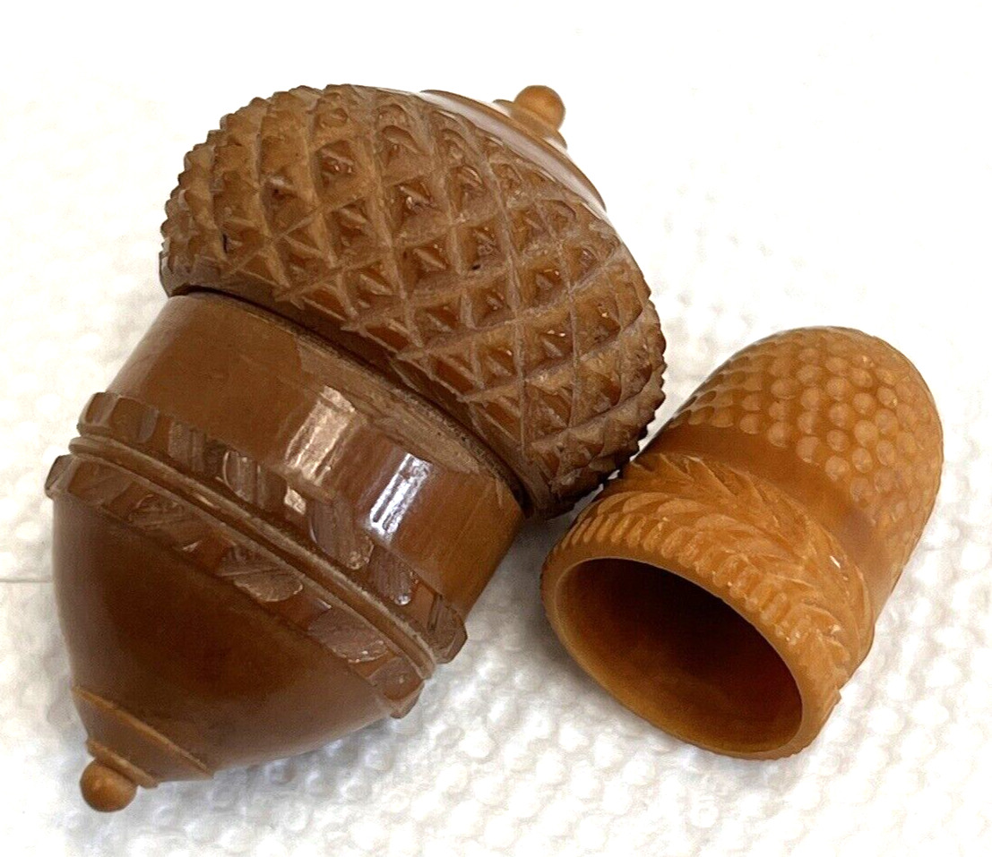 Antique Hand Carved Coquilla Nut Acorn Thimble Holder W Thimble 1 7/8 Inch