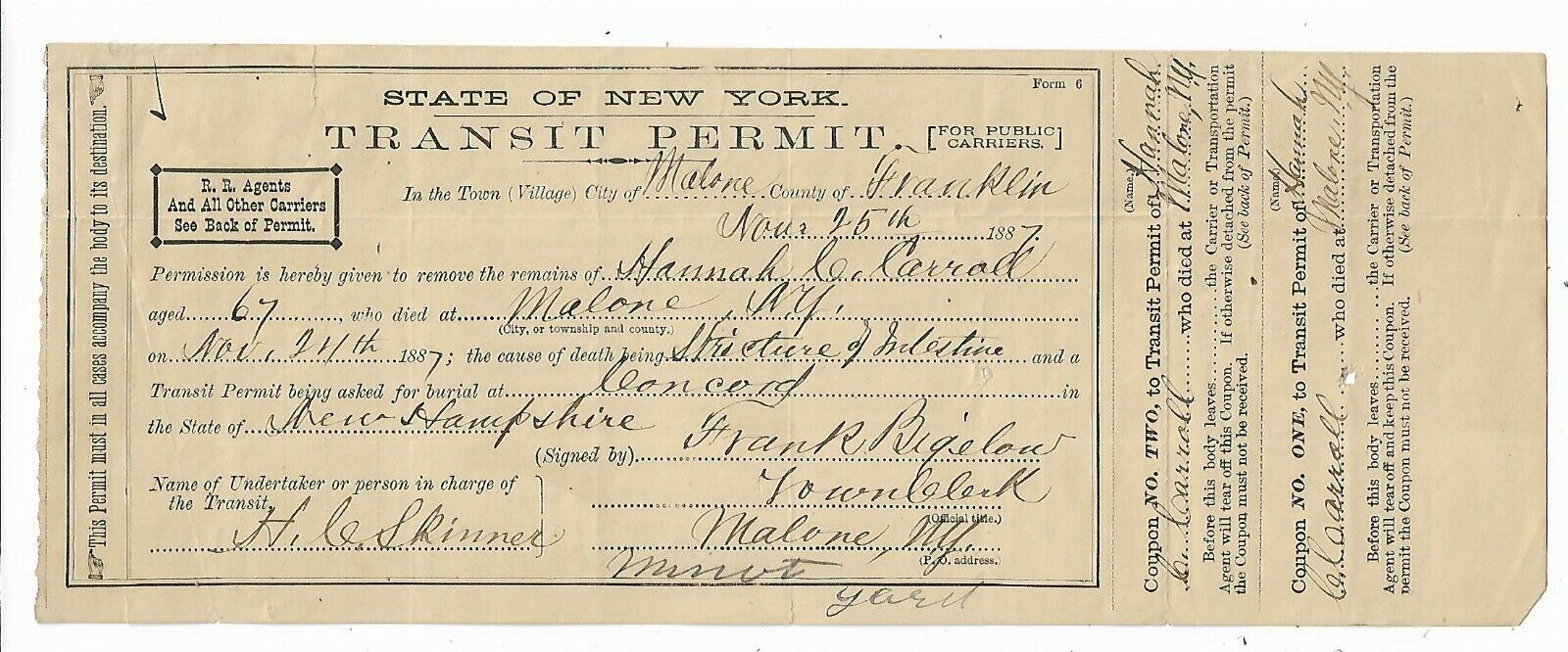 1887 Transit Permit Corpse Dead Body Remains Carroll Malone Ny Concord Nh Burial