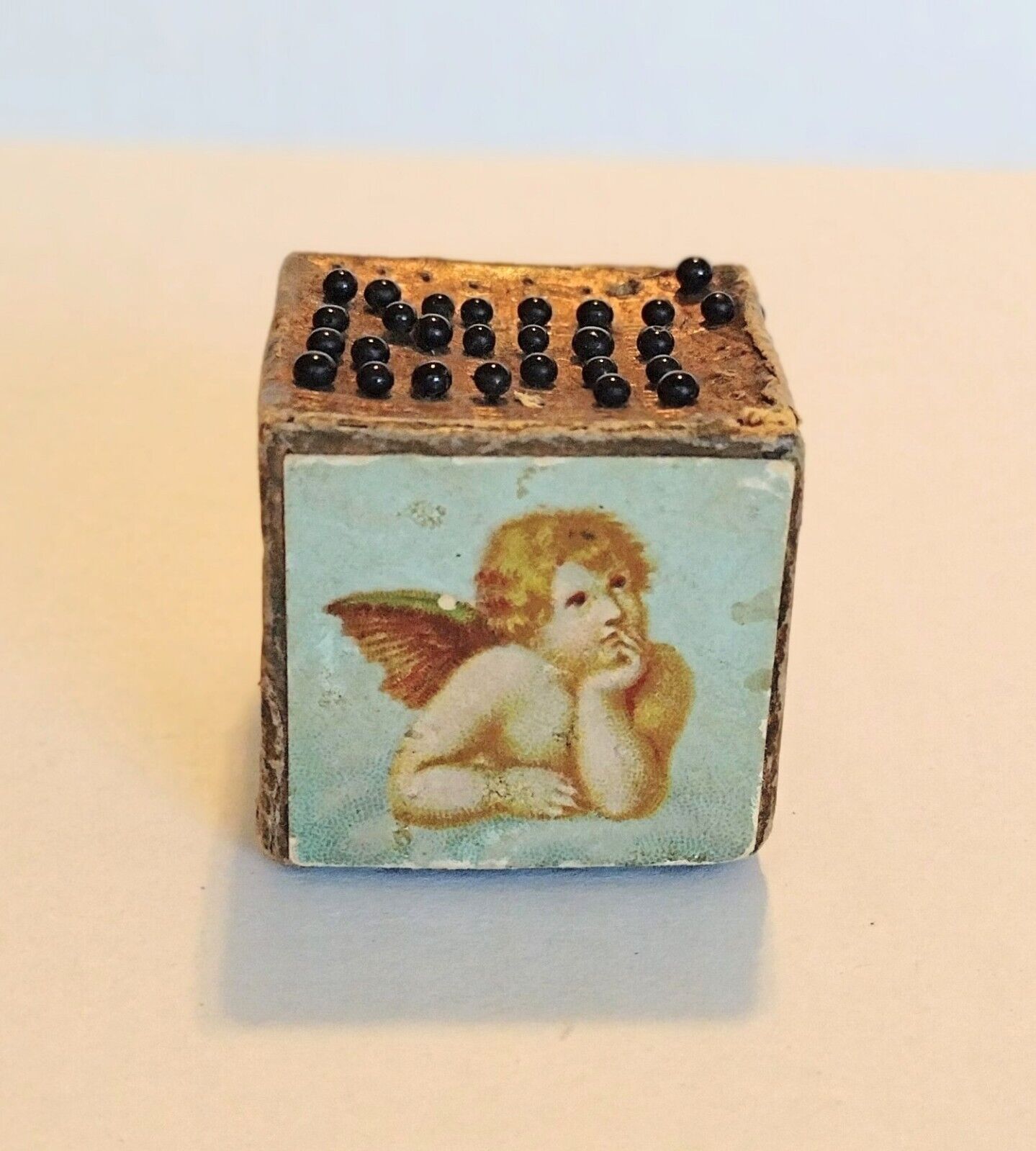 Vtg Small Toilet Pins Cube Germany Rare Raphael Angel Cherub Litho Sewing