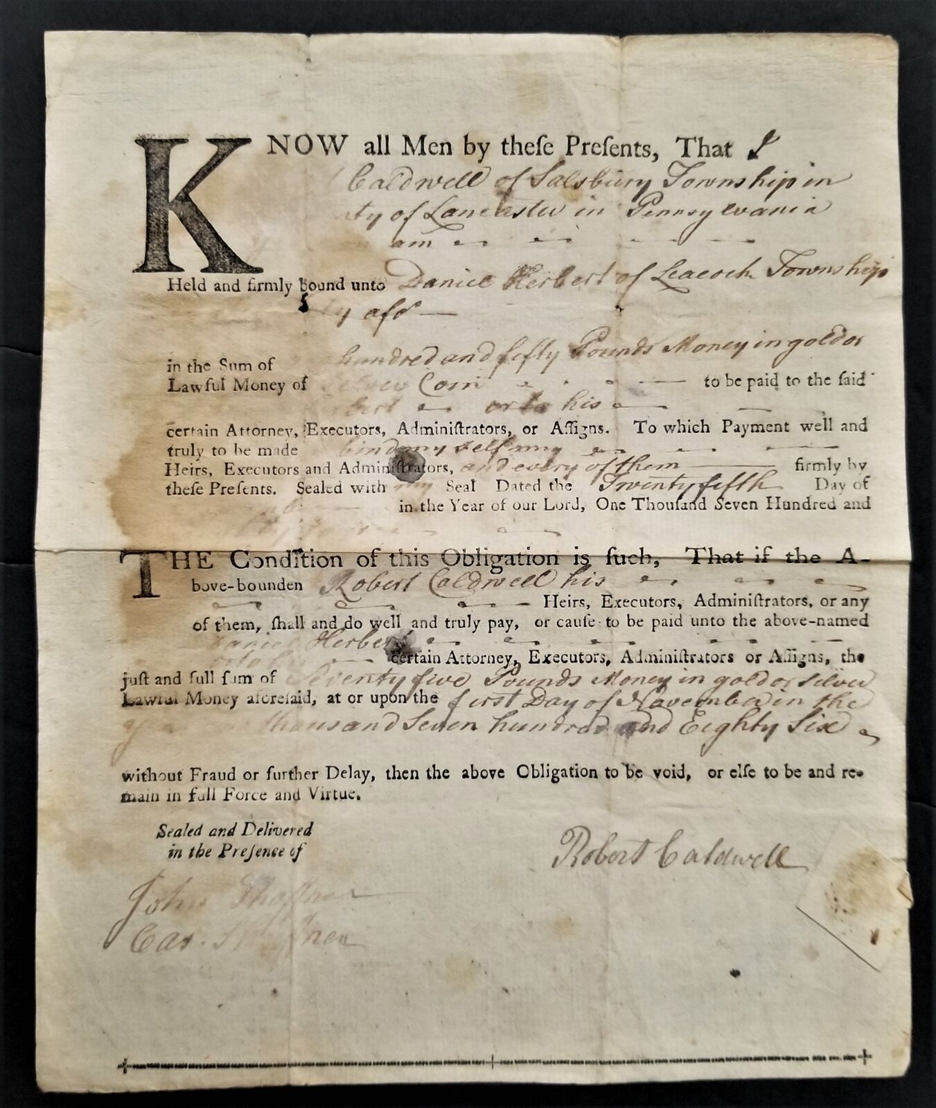 1786 Antique Legal Doc Lancaster Salsbury Caldwell V Beas Getzek Shaffrer
