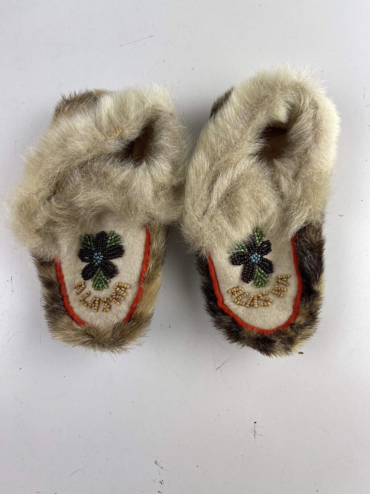 Vintage Alaskan Eskimo Native American Fur Moccasins - Beaded - 6” Long 3” Wide