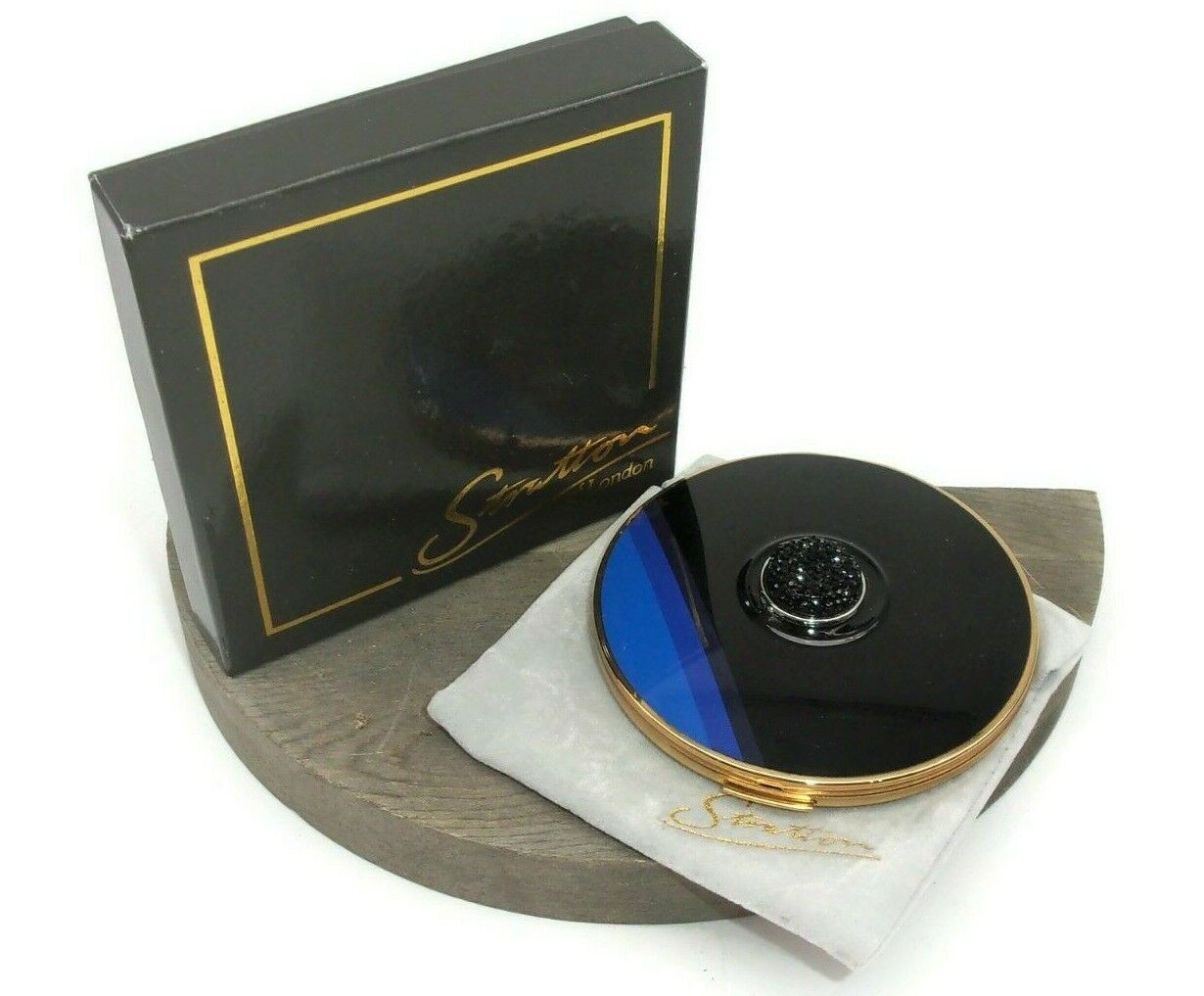 Unused Stratton Black And Blue Compact Convertible, Jeweled Black Center, Nos
