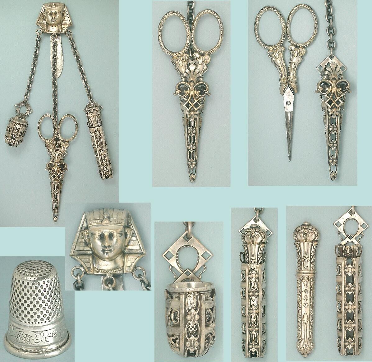 Unusual Antique Egyptian Style Sewing Chatelaine W/ 3 Tools * French * C1890