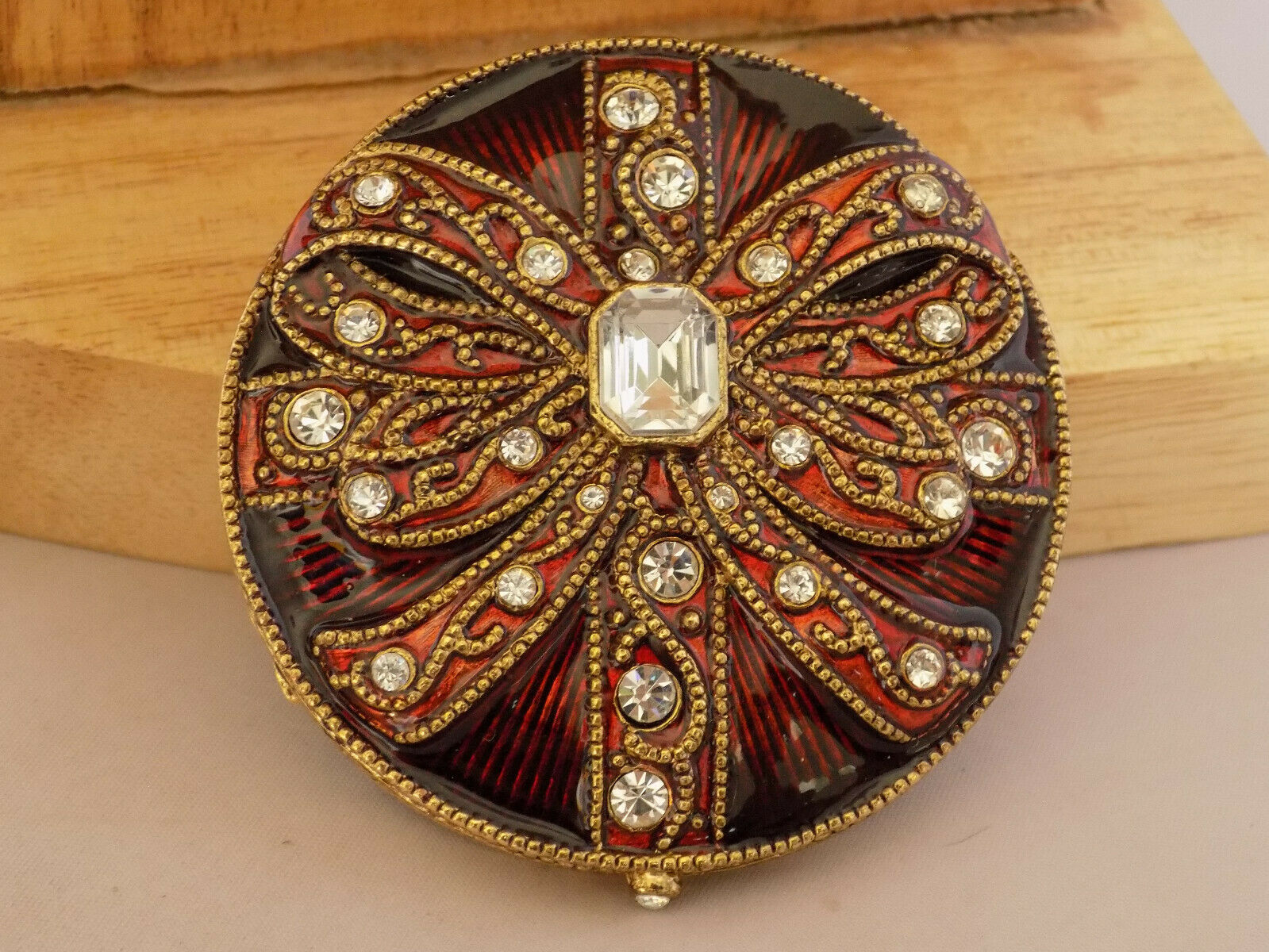 Vintage Monet Compact Dual Mirror Red Maroon Jeweled Enamel Hinged Bow Design