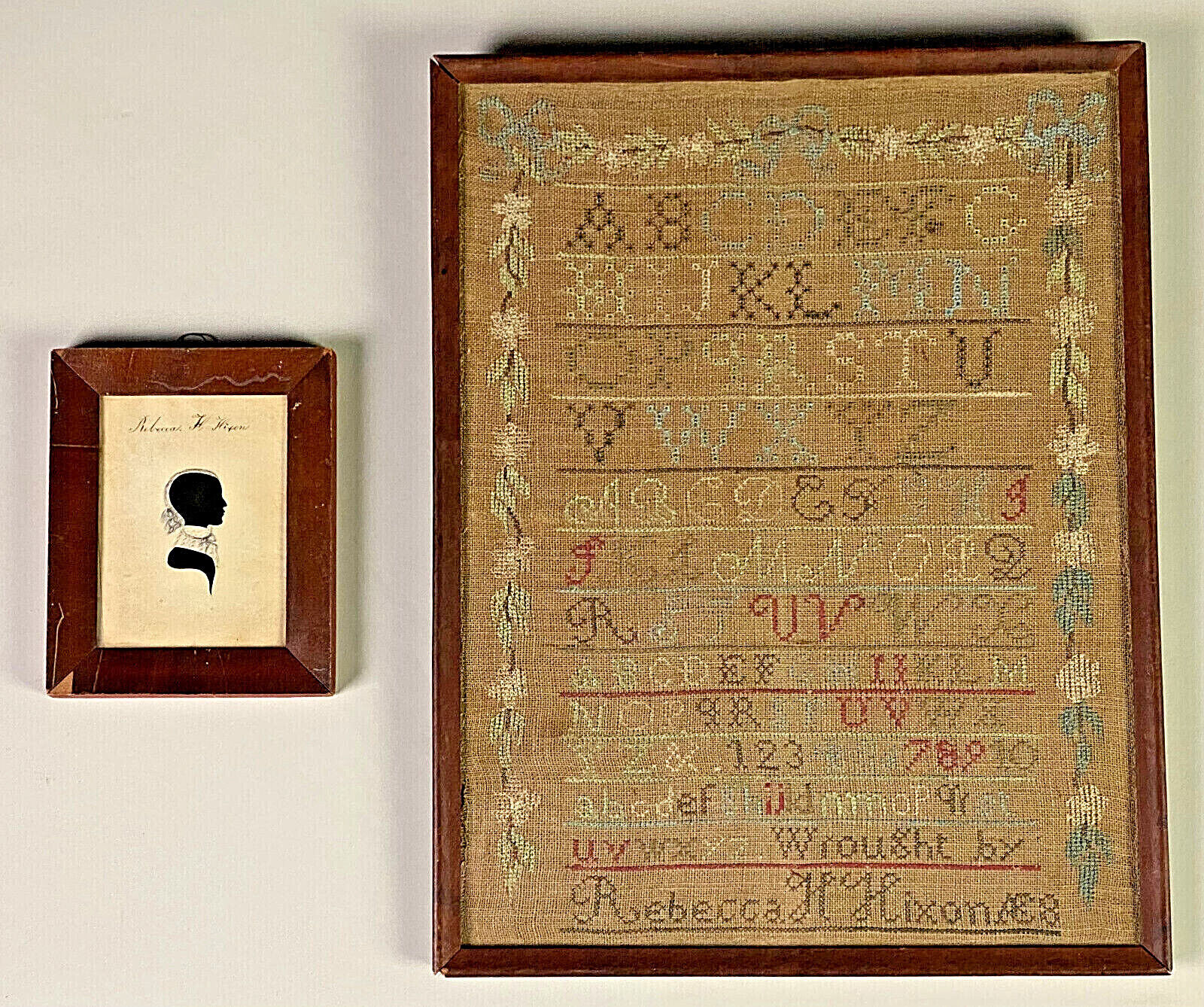 Early Sampler By Rebecca Hixon With Rare Silhouette Cut By James Hosley Whitcomb