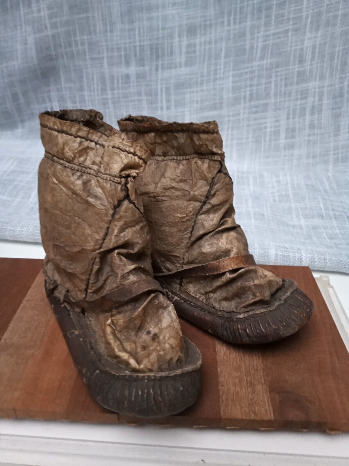 Authentic Antique Pair Inuit Mukluks Child Size Hide Boots Acrylic Display Case