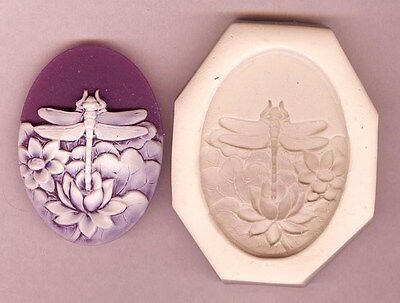 Cameo 40x30mm Dragonfly With Flowers Lily Pond Hard Polymer Clay Push Mold #29