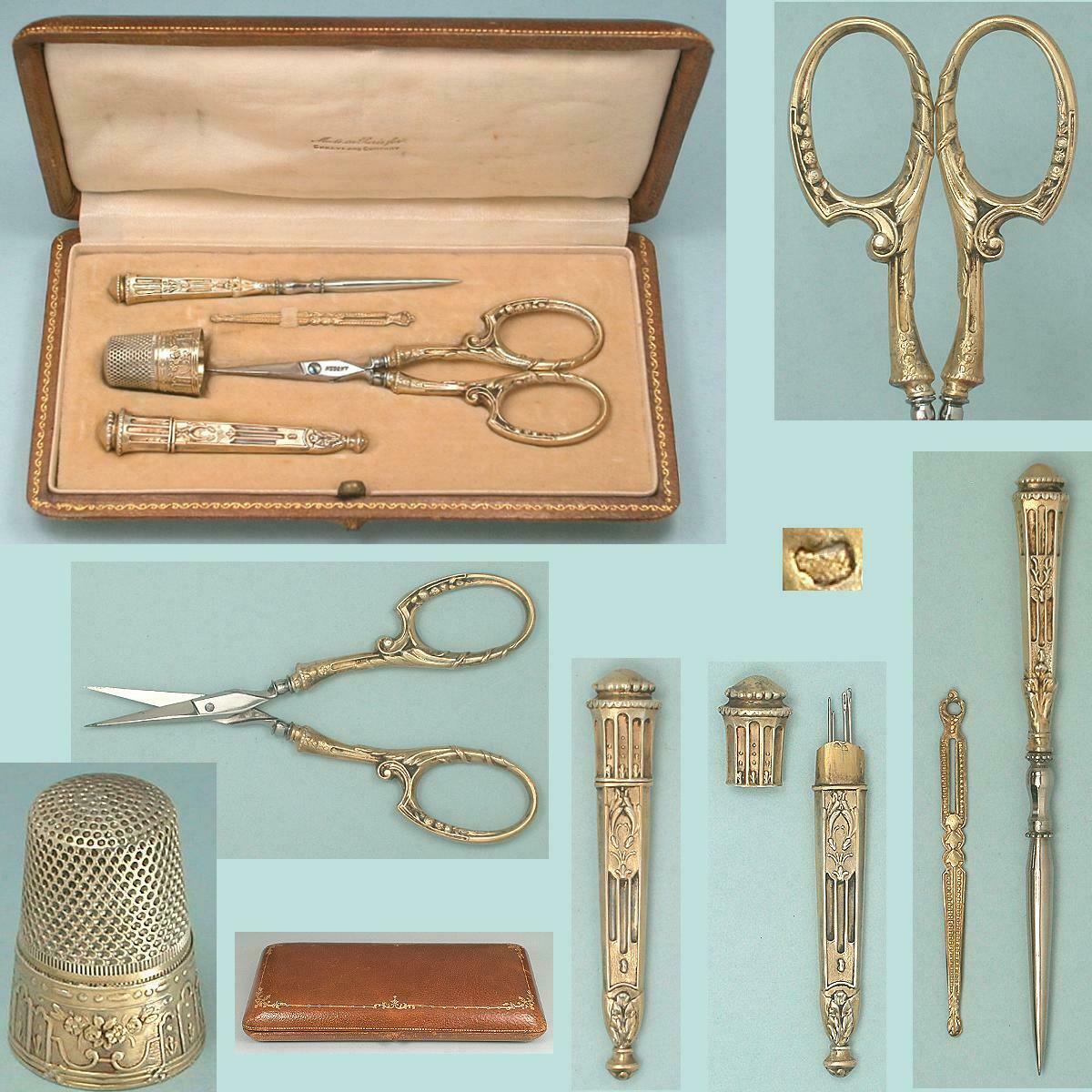 Antique Cased French Gilded Silver Sewing Set, Scissors, Thimble, Etc. * C1920