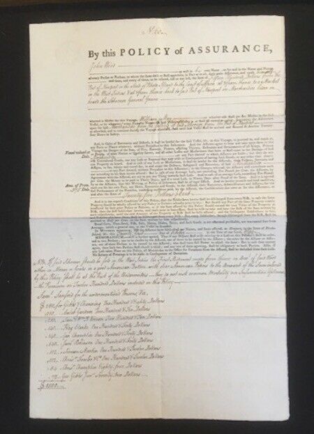 1799 Rhode Island Insurance Policy On Schooner Gen Greene W/$1 Embossed Revenue